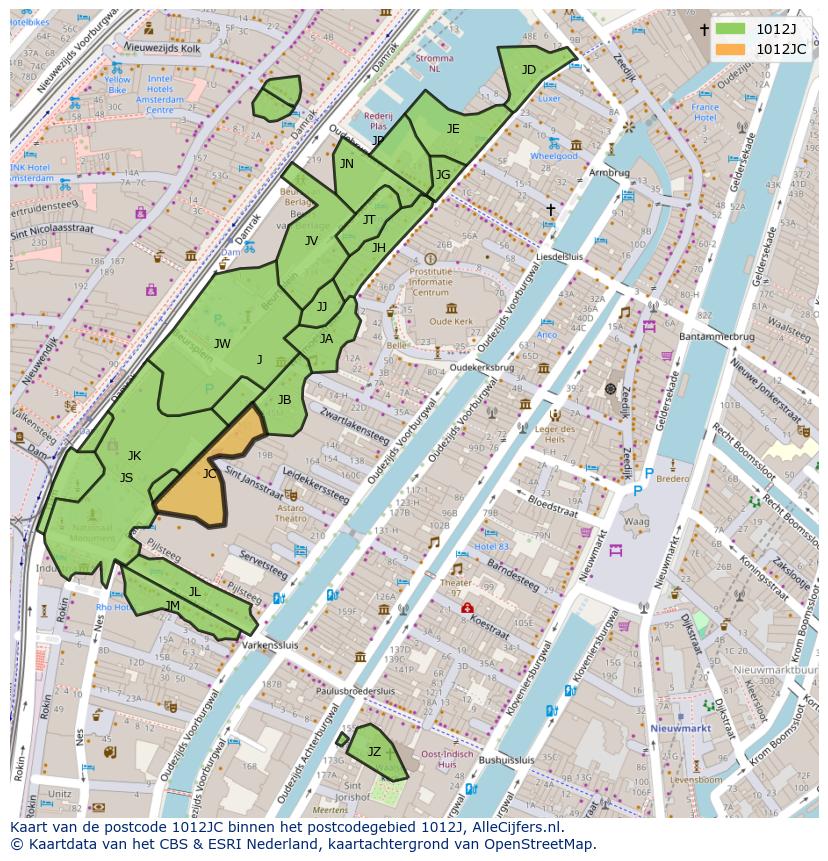 Afbeelding van het postcodegebied 1012 JC op de kaart.