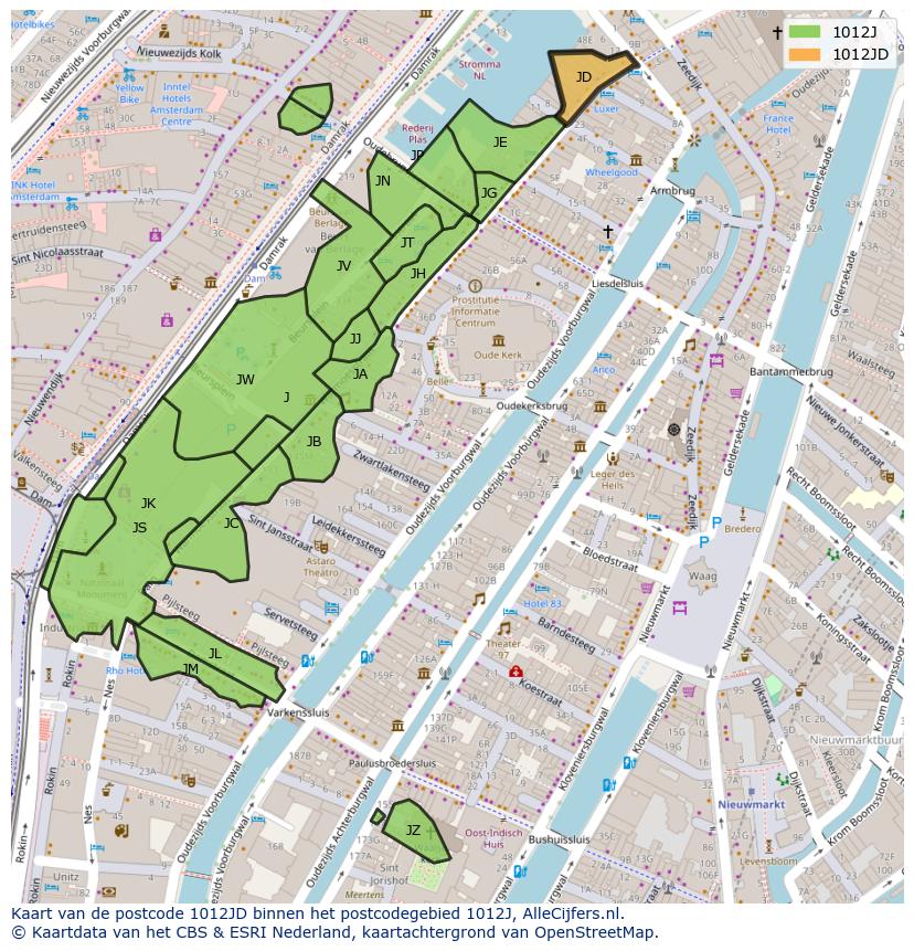 Afbeelding van het postcodegebied 1012 JD op de kaart.