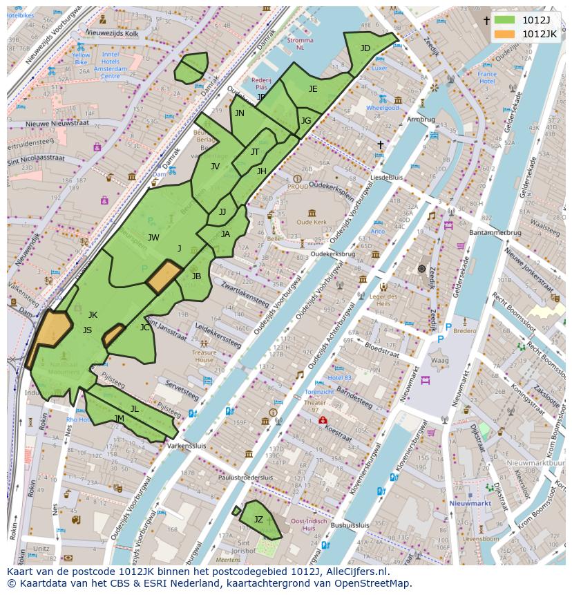Afbeelding van het postcodegebied 1012 JK op de kaart.