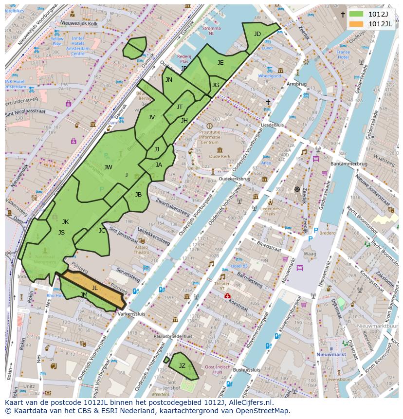 Afbeelding van het postcodegebied 1012 JL op de kaart.