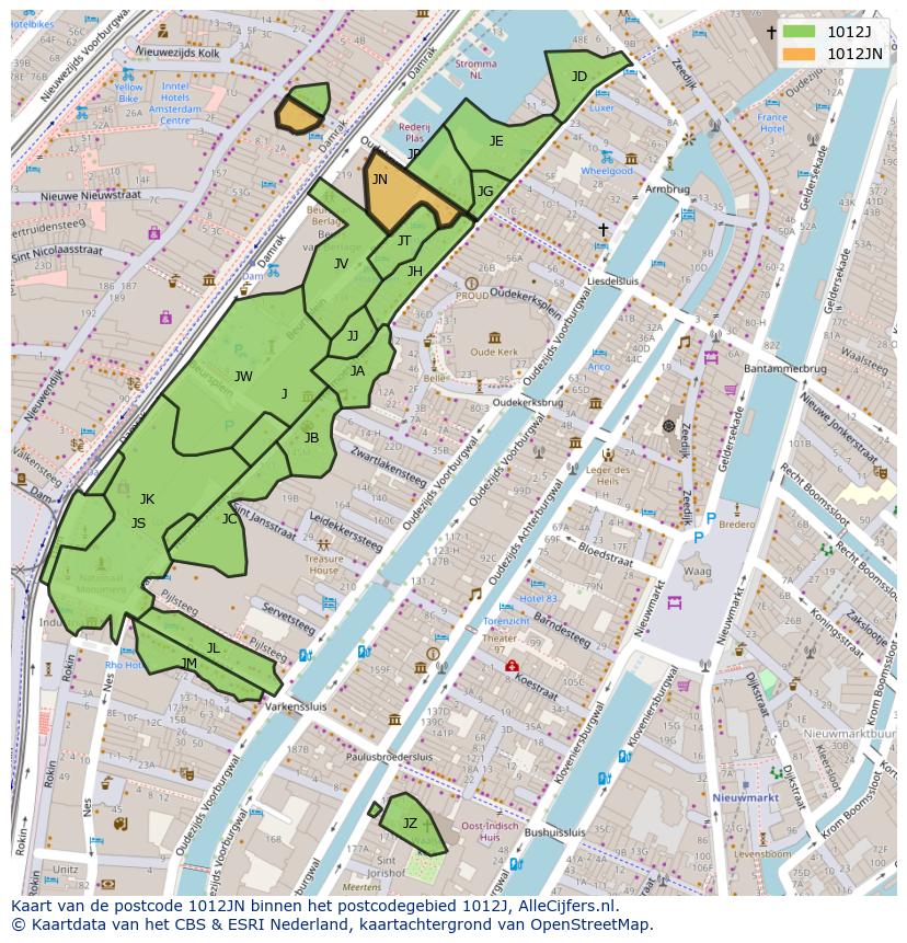 Afbeelding van het postcodegebied 1012 JN op de kaart.