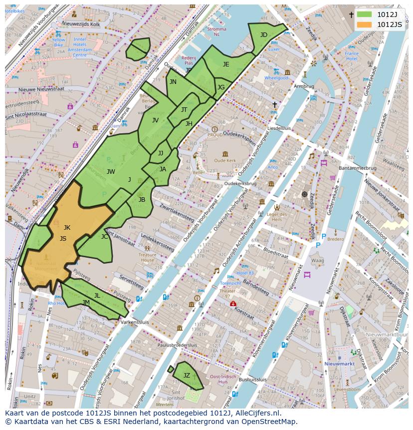 Afbeelding van het postcodegebied 1012 JS op de kaart.