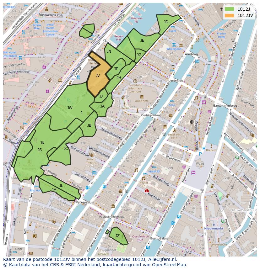 Afbeelding van het postcodegebied 1012 JV op de kaart.