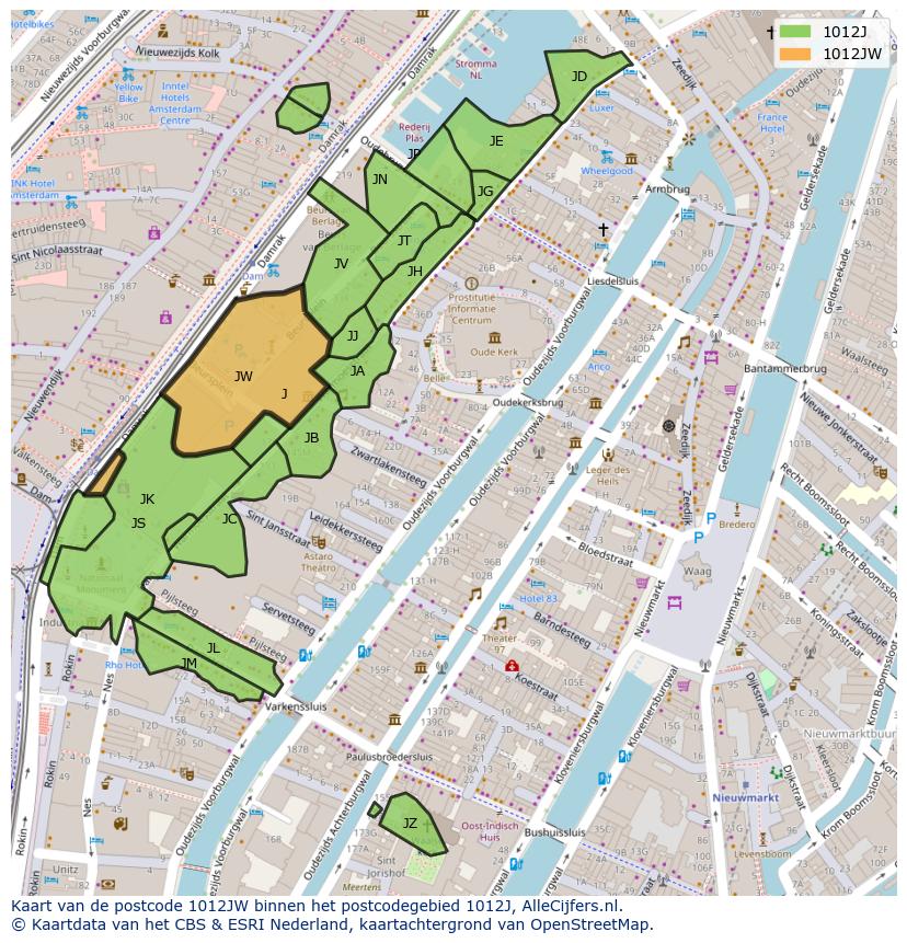 Afbeelding van het postcodegebied 1012 JW op de kaart.