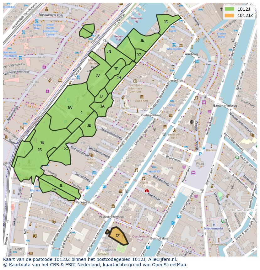 Afbeelding van het postcodegebied 1012 JZ op de kaart.