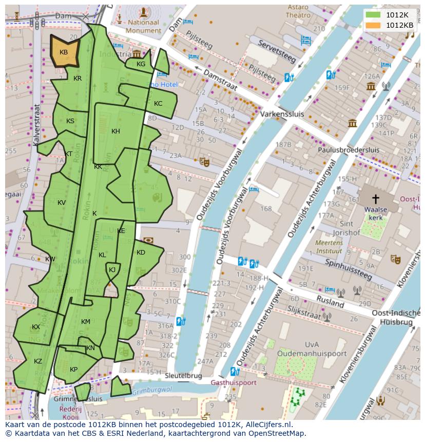 Afbeelding van het postcodegebied 1012 KB op de kaart.
