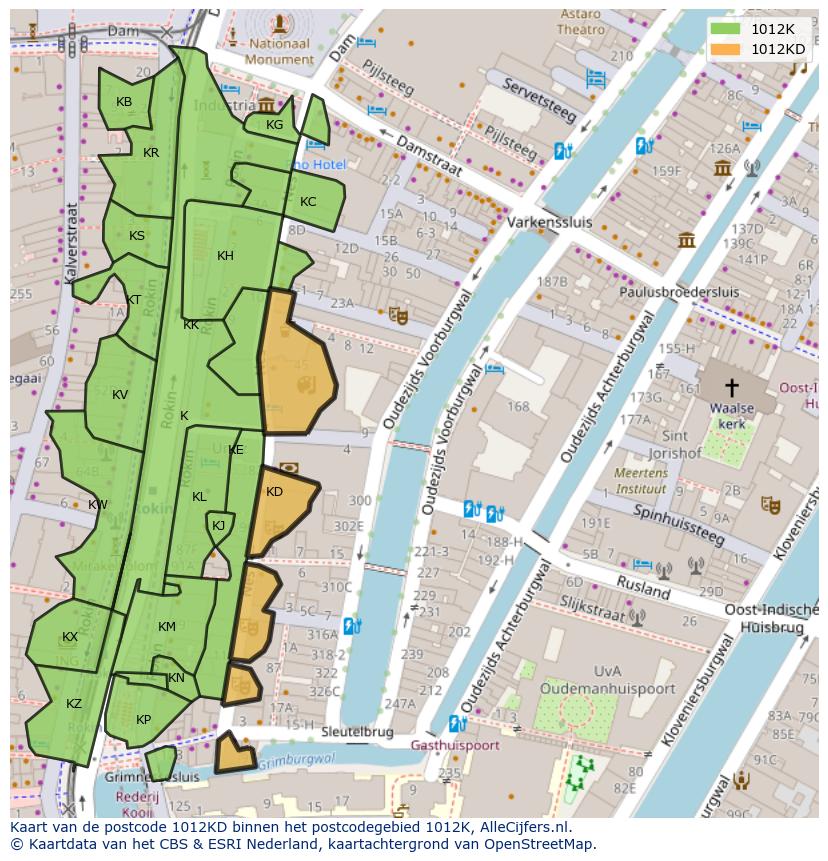 Afbeelding van het postcodegebied 1012 KD op de kaart.