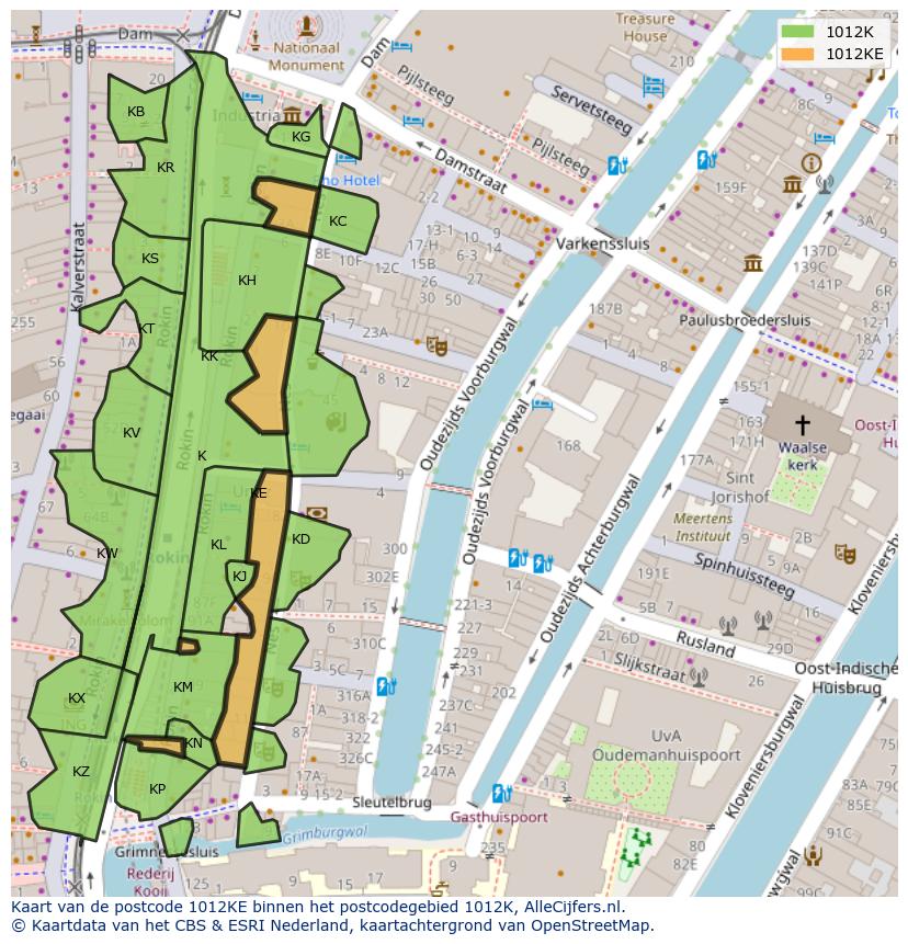Afbeelding van het postcodegebied 1012 KE op de kaart.