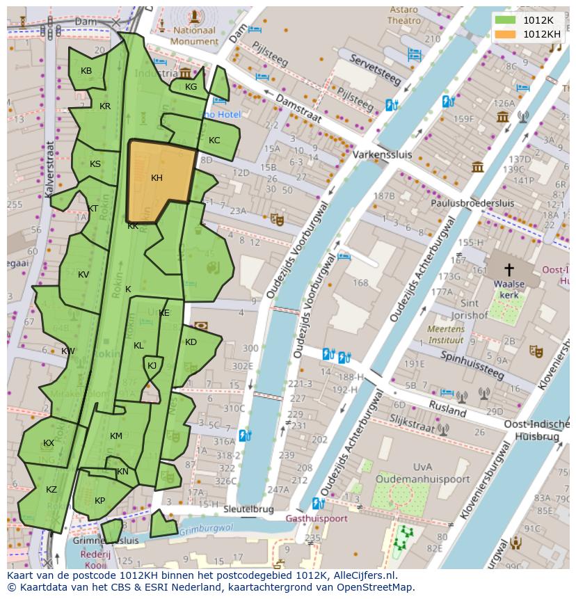 Afbeelding van het postcodegebied 1012 KH op de kaart.