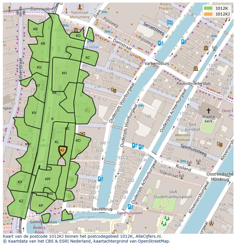 Afbeelding van het postcodegebied 1012 KJ op de kaart.