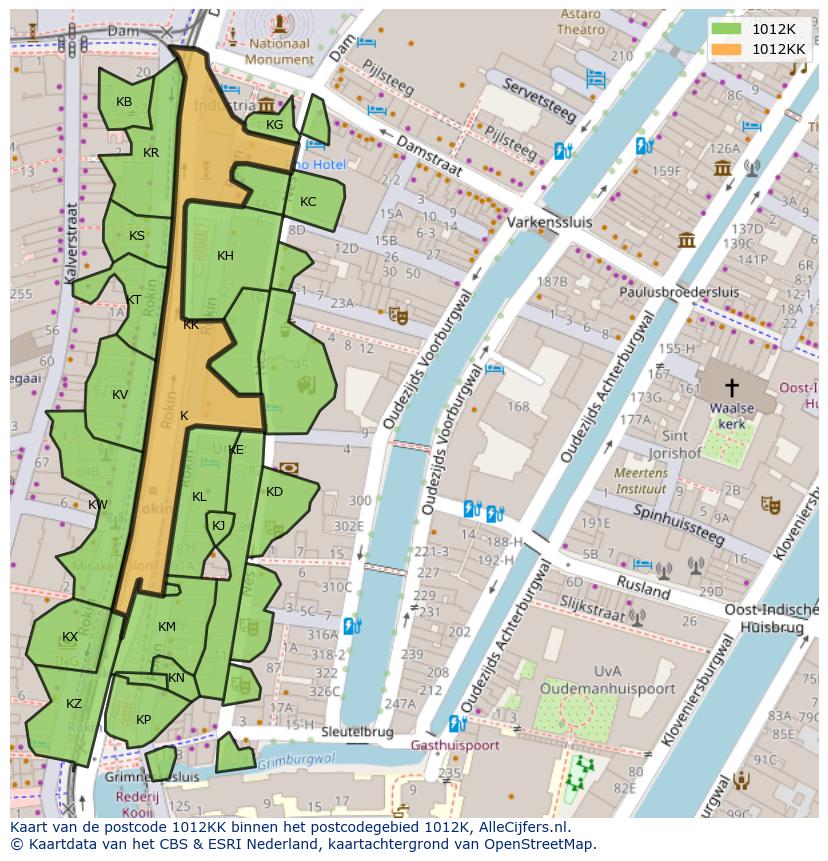 Afbeelding van het postcodegebied 1012 KK op de kaart.