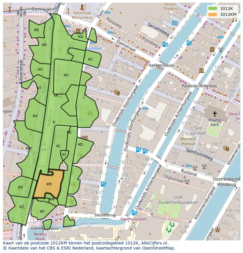 Afbeelding van het postcodegebied 1012 KM op de kaart.