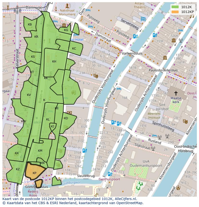 Afbeelding van het postcodegebied 1012 KP op de kaart.