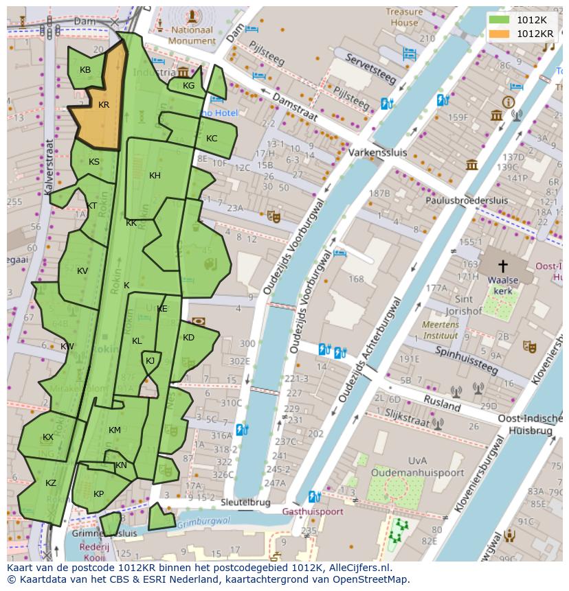 Afbeelding van het postcodegebied 1012 KR op de kaart.