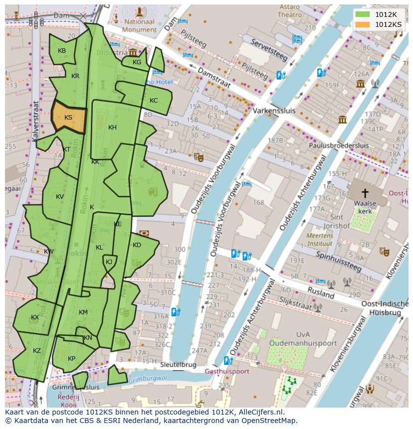 Afbeelding van het postcodegebied 1012 KS op de kaart.