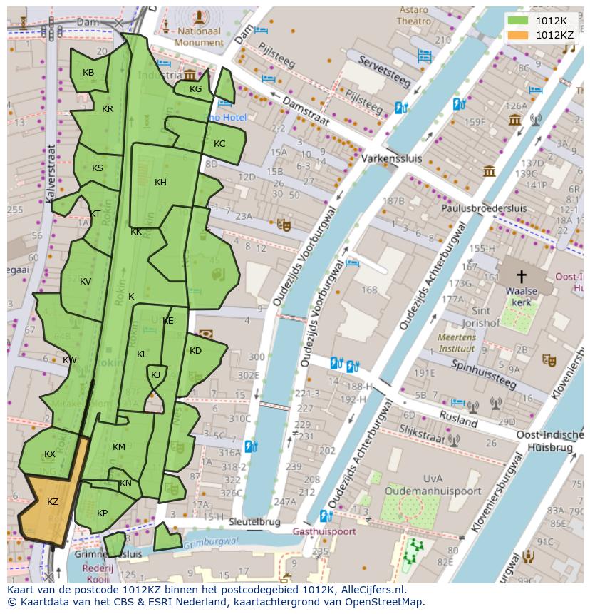 Afbeelding van het postcodegebied 1012 KZ op de kaart.