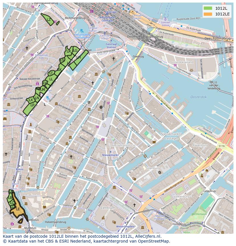 Afbeelding van het postcodegebied 1012 LE op de kaart.