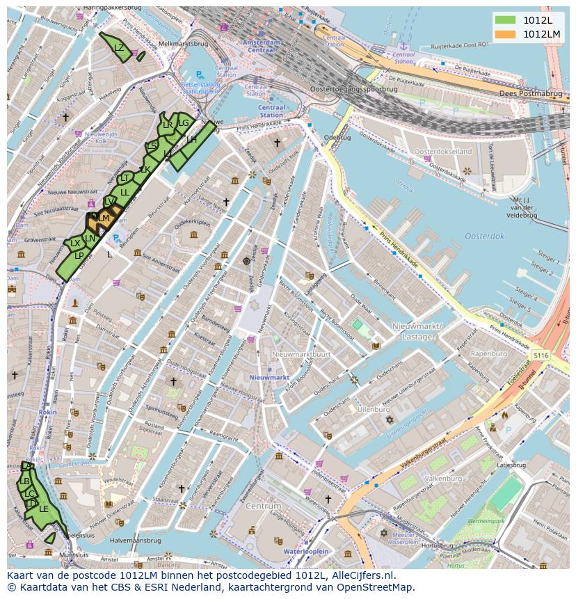 Afbeelding van het postcodegebied 1012 LM op de kaart.