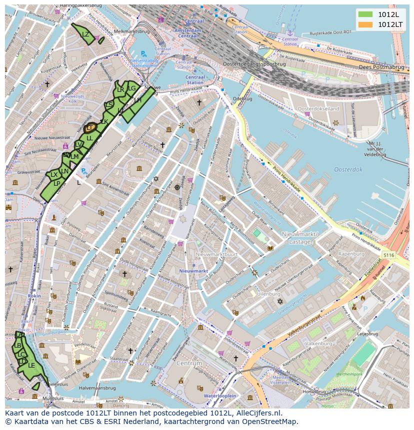 Afbeelding van het postcodegebied 1012 LT op de kaart.