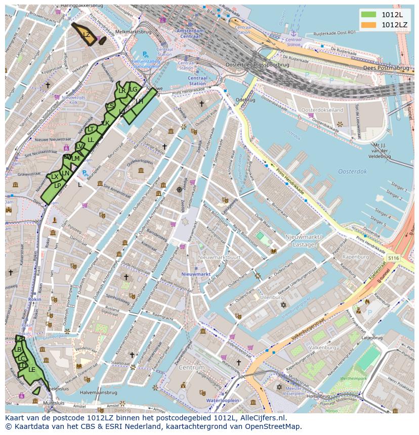 Afbeelding van het postcodegebied 1012 LZ op de kaart.