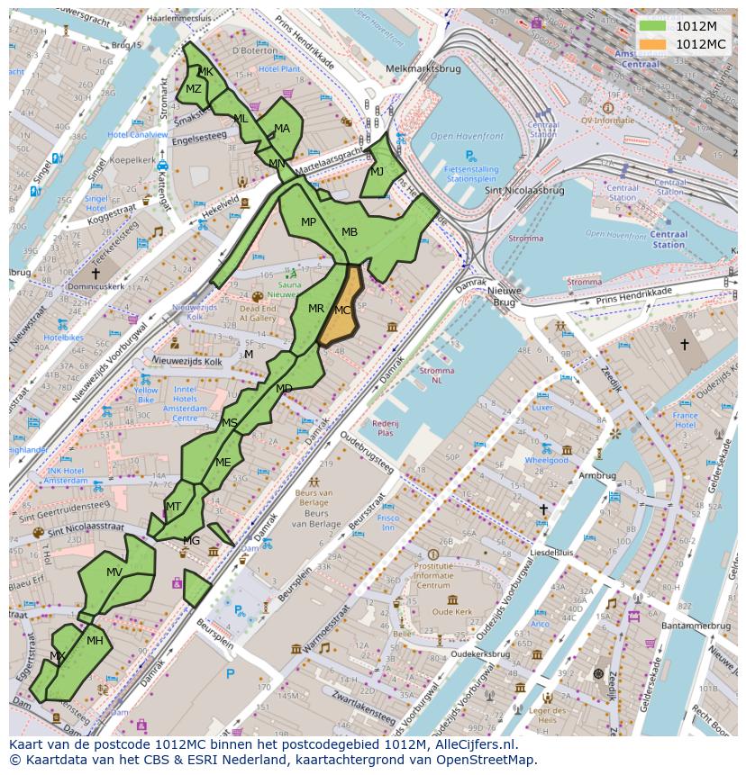 Afbeelding van het postcodegebied 1012 MC op de kaart.