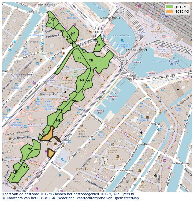 Afbeelding van het postcodegebied 1012 MG op de kaart.