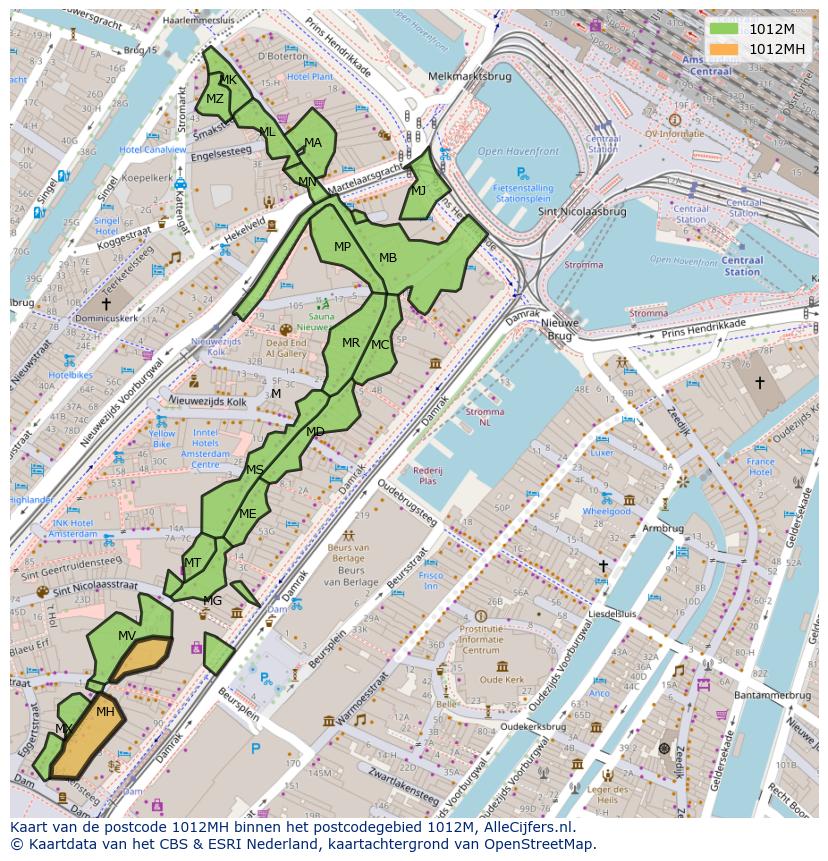 Afbeelding van het postcodegebied 1012 MH op de kaart.