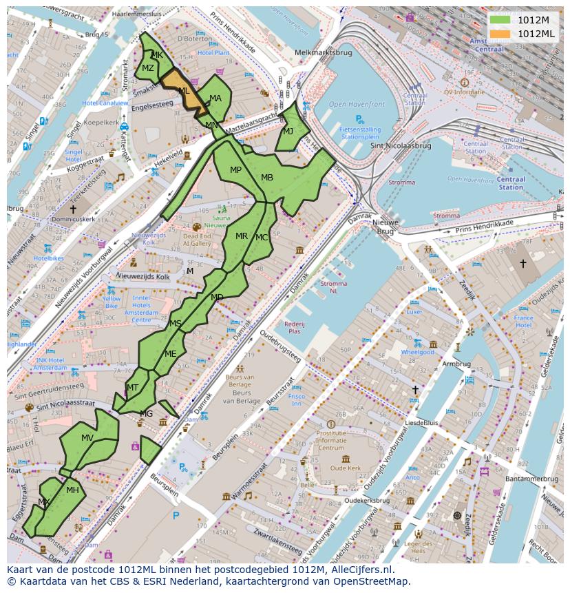 Afbeelding van het postcodegebied 1012 ML op de kaart.