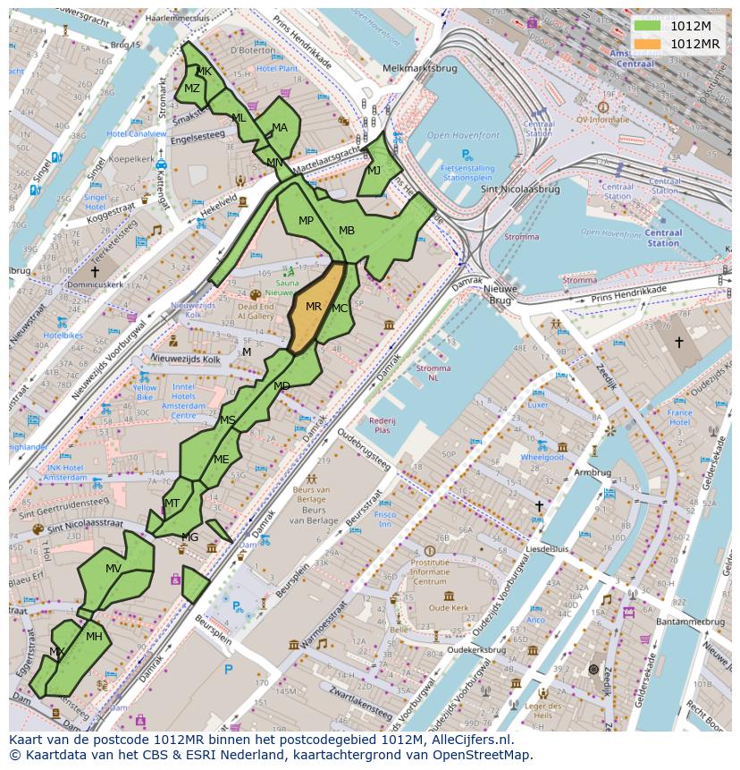 Afbeelding van het postcodegebied 1012 MR op de kaart.