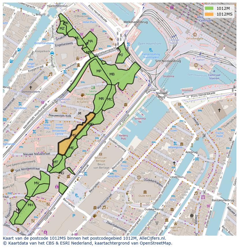 Afbeelding van het postcodegebied 1012 MS op de kaart.
