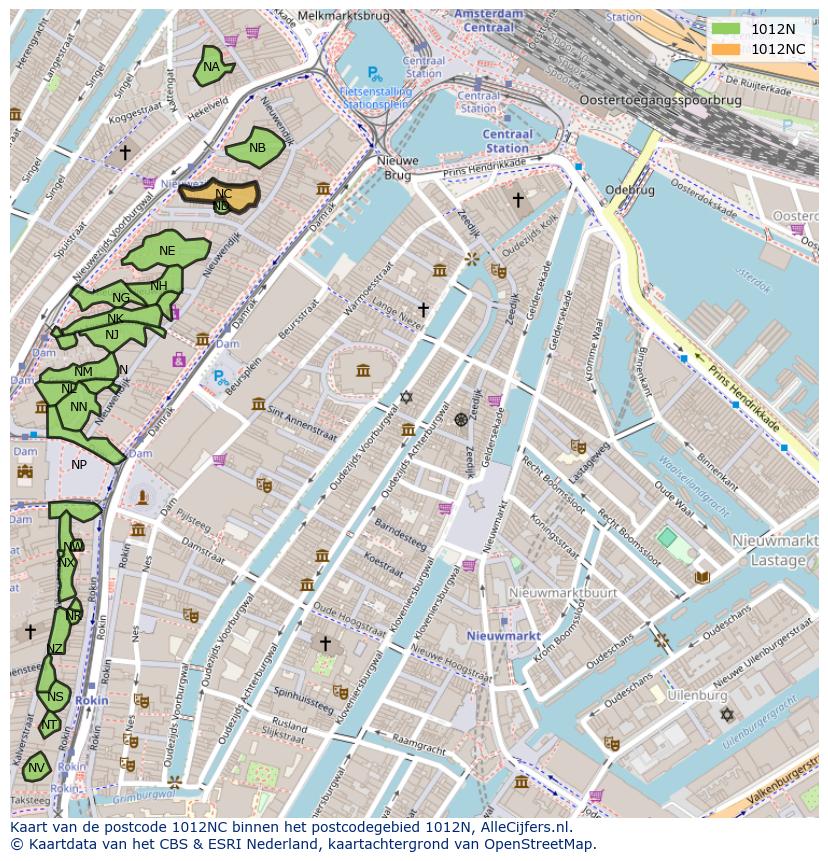 Afbeelding van het postcodegebied 1012 NC op de kaart.