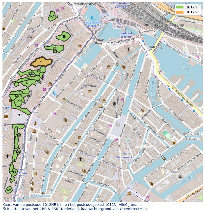 Afbeelding van het postcodegebied 1012 NE op de kaart.