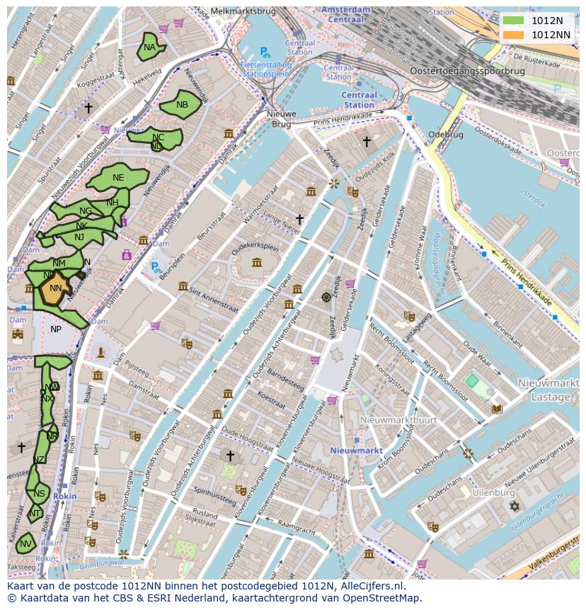 Afbeelding van het postcodegebied 1012 NN op de kaart.