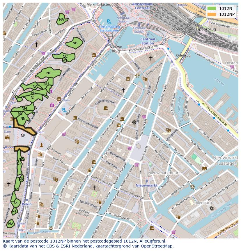 Afbeelding van het postcodegebied 1012 NP op de kaart.