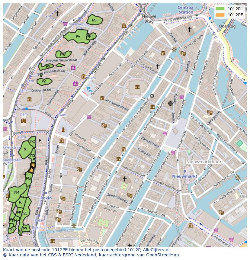 Afbeelding van het postcodegebied 1012 PE op de kaart.