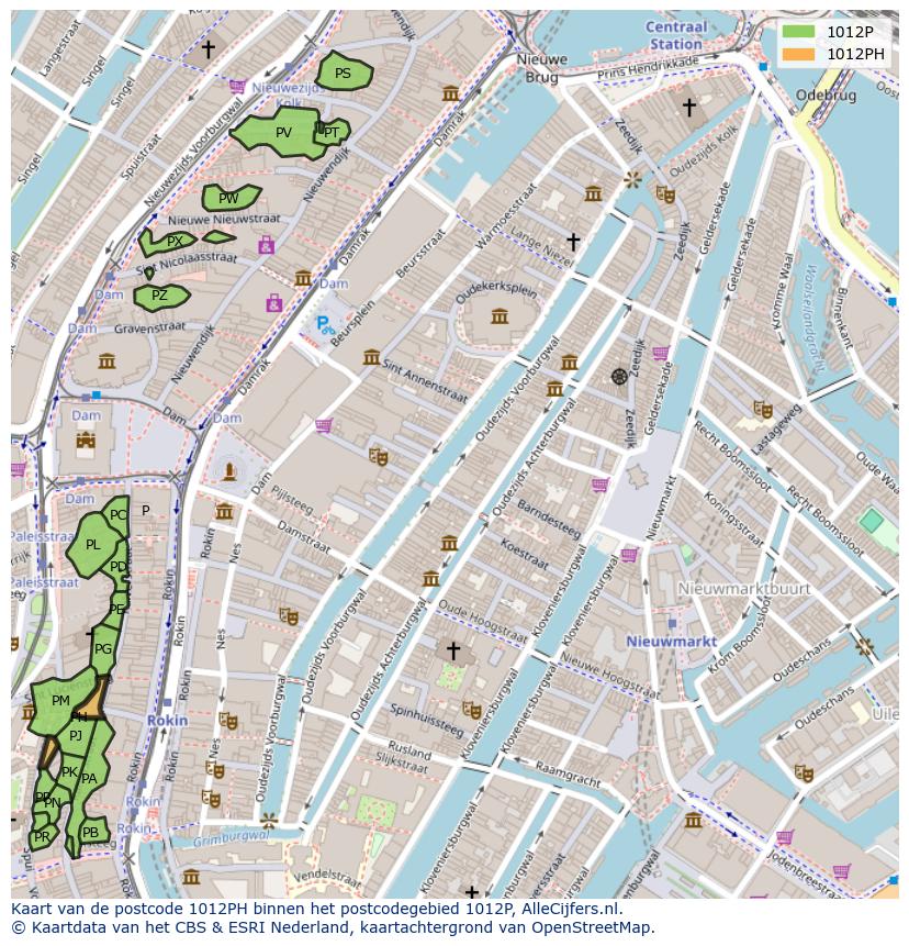Afbeelding van het postcodegebied 1012 PH op de kaart.