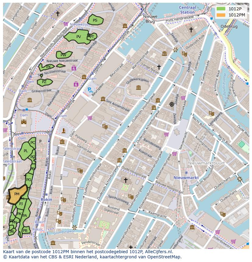 Afbeelding van het postcodegebied 1012 PM op de kaart.