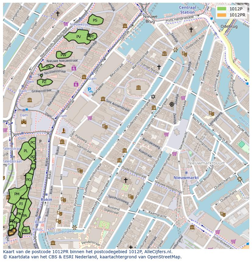 Afbeelding van het postcodegebied 1012 PR op de kaart.