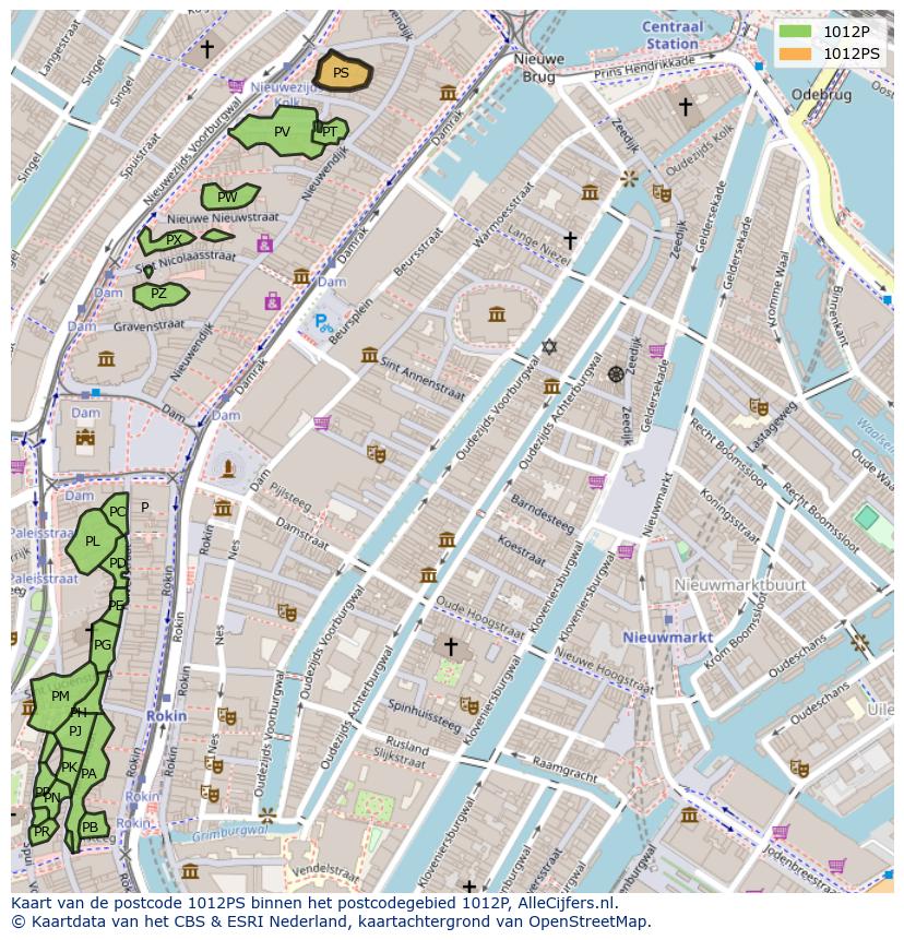 Afbeelding van het postcodegebied 1012 PS op de kaart.