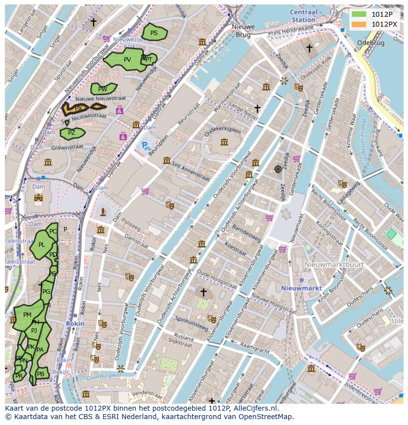 Afbeelding van het postcodegebied 1012 PX op de kaart.