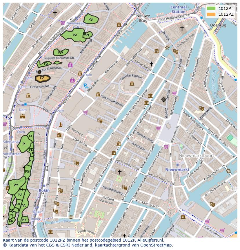 Afbeelding van het postcodegebied 1012 PZ op de kaart.