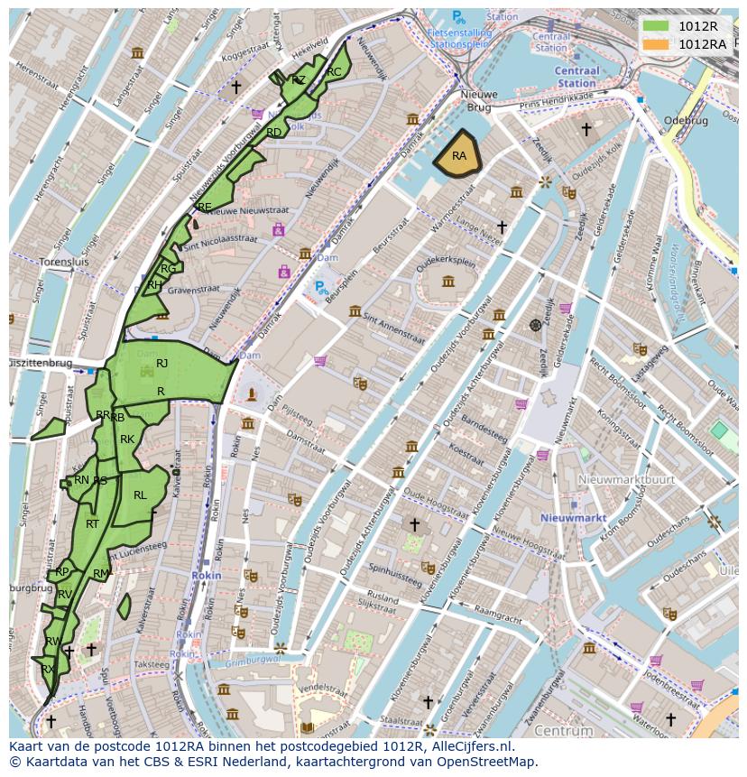 Afbeelding van het postcodegebied 1012 RA op de kaart.