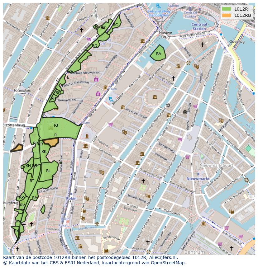 Afbeelding van het postcodegebied 1012 RB op de kaart.