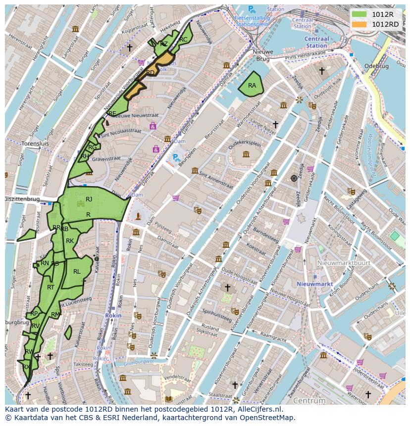 Afbeelding van het postcodegebied 1012 RD op de kaart.