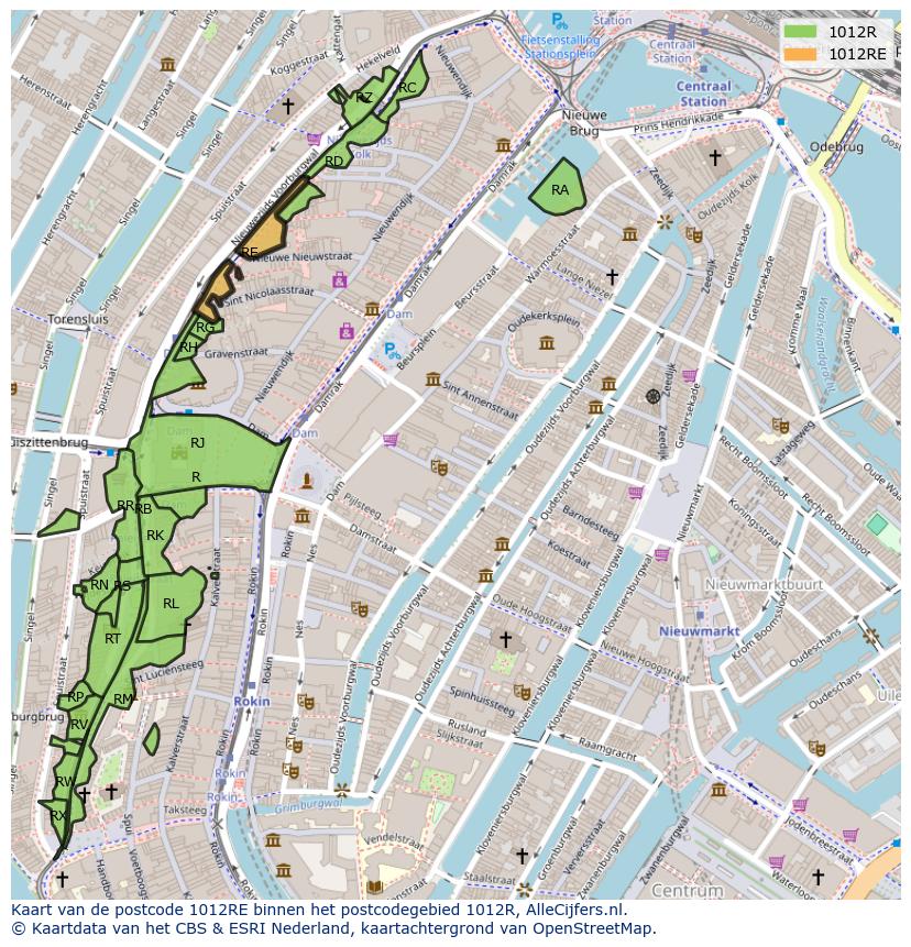 Afbeelding van het postcodegebied 1012 RE op de kaart.