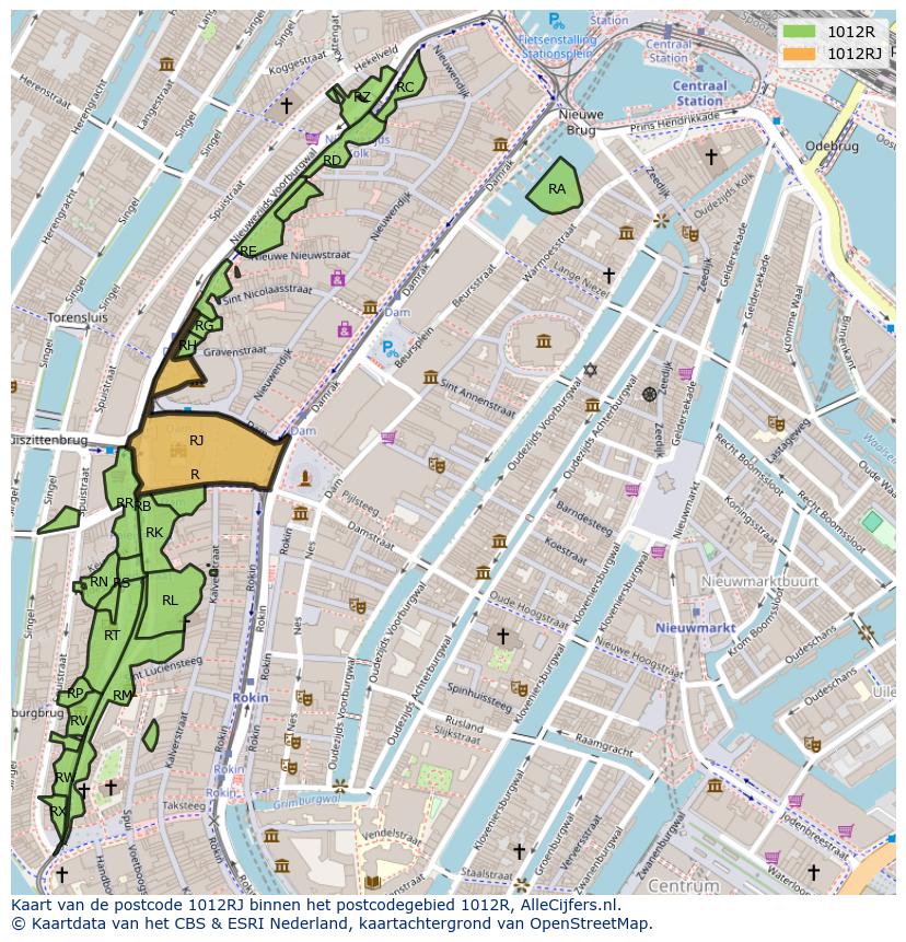 Afbeelding van het postcodegebied 1012 RJ op de kaart.