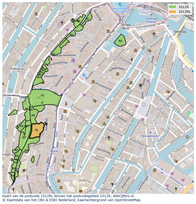 Afbeelding van het postcodegebied 1012 RL op de kaart.