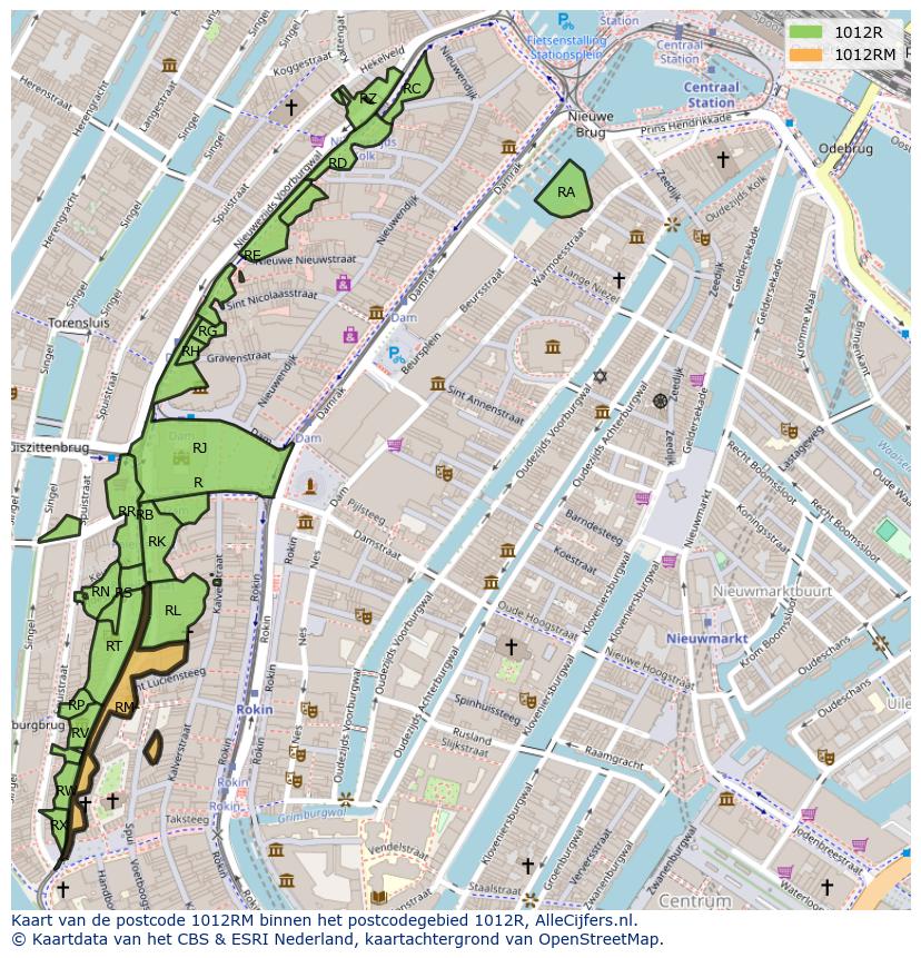 Afbeelding van het postcodegebied 1012 RM op de kaart.