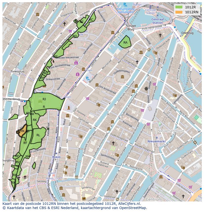 Afbeelding van het postcodegebied 1012 RN op de kaart.