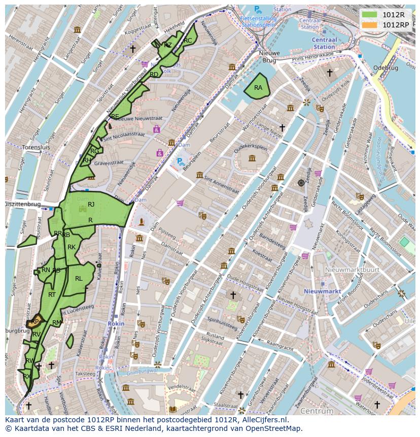 Afbeelding van het postcodegebied 1012 RP op de kaart.